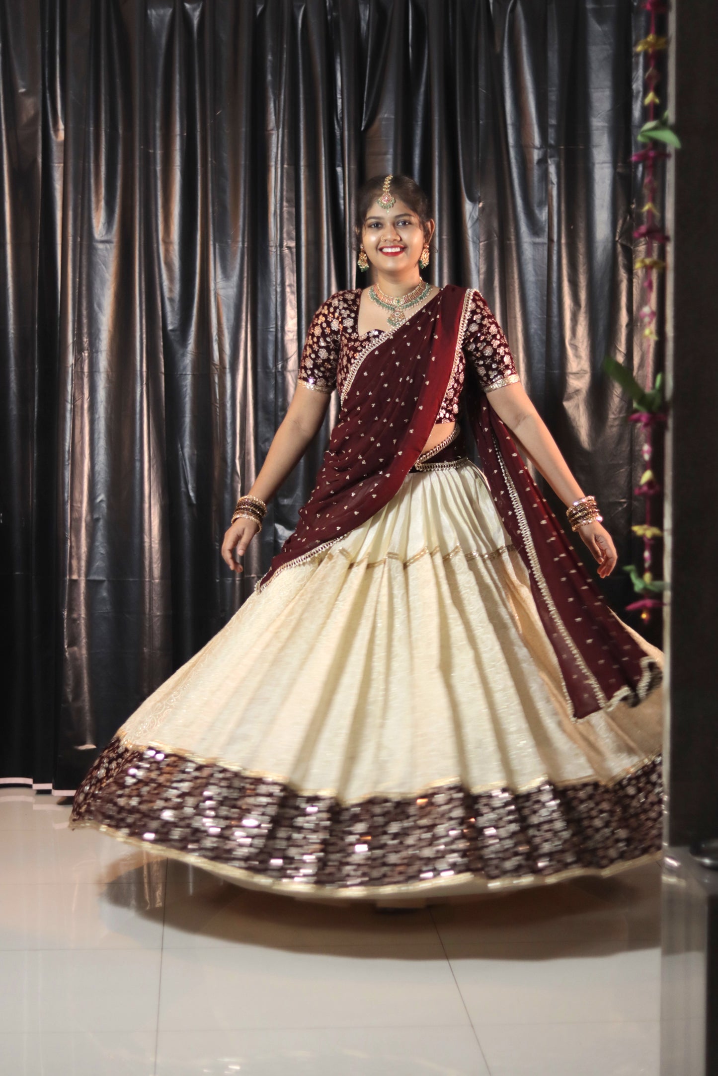 Cream & Meroon Half Saree with Velvet Blouse, Chikankari Work Skirt & Georgette Dupatta – Custom Made