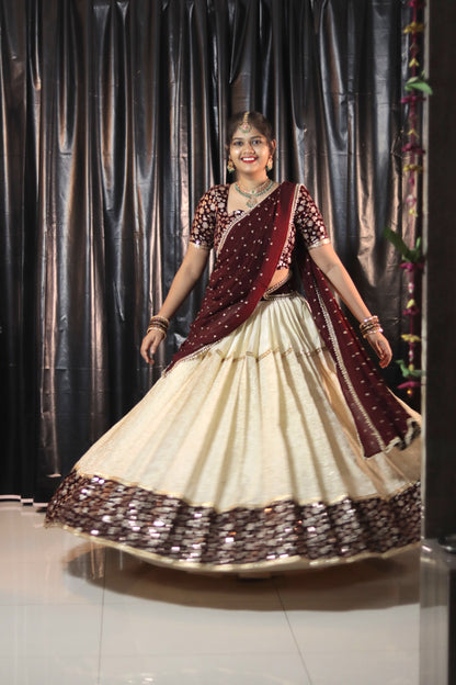 Cream & Meroon Half Saree with Velvet Blouse, Chikankari Work Skirt & Georgette Dupatta – Custom Made