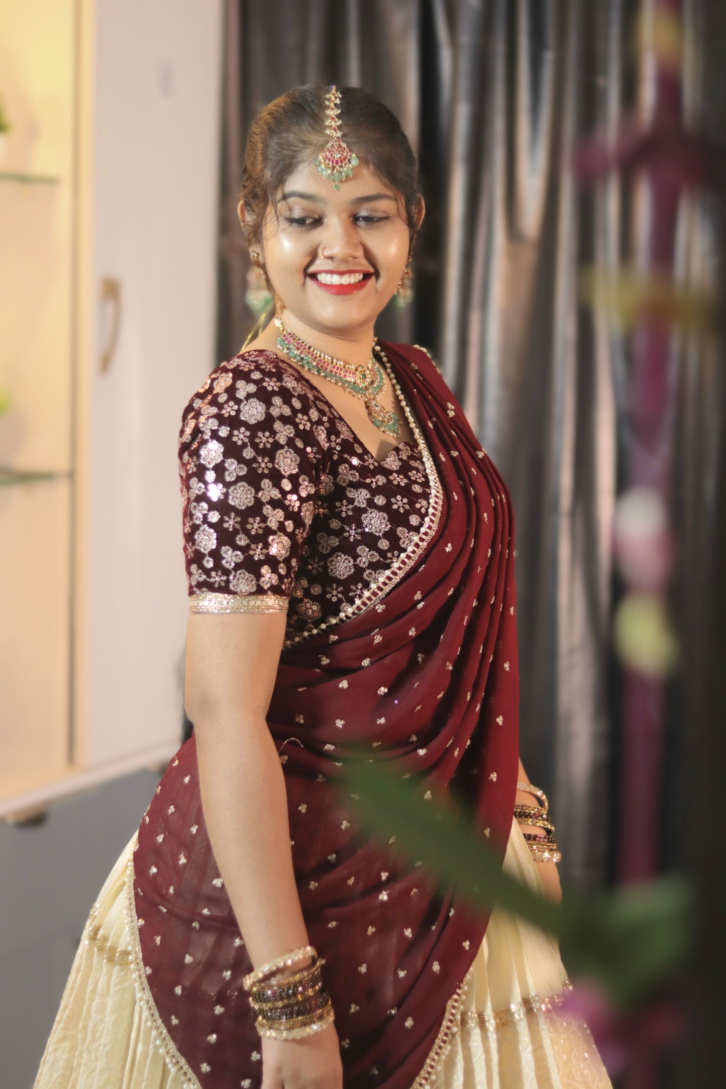 Cream & Meroon Half Saree with Velvet Blouse, Chikankari Work Skirt & Georgette Dupatta – Custom Made