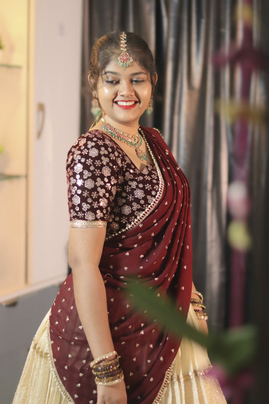 Cream & Meroon Half Saree with Velvet Blouse, Chikankari Work Skirt & Georgette Dupatta – Custom Made