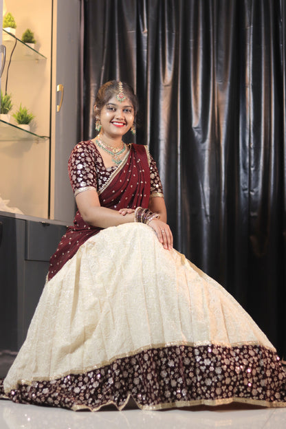 Cream & Meroon Half Saree with Velvet Blouse, Chikankari Work Skirt & Georgette Dupatta – Custom Made