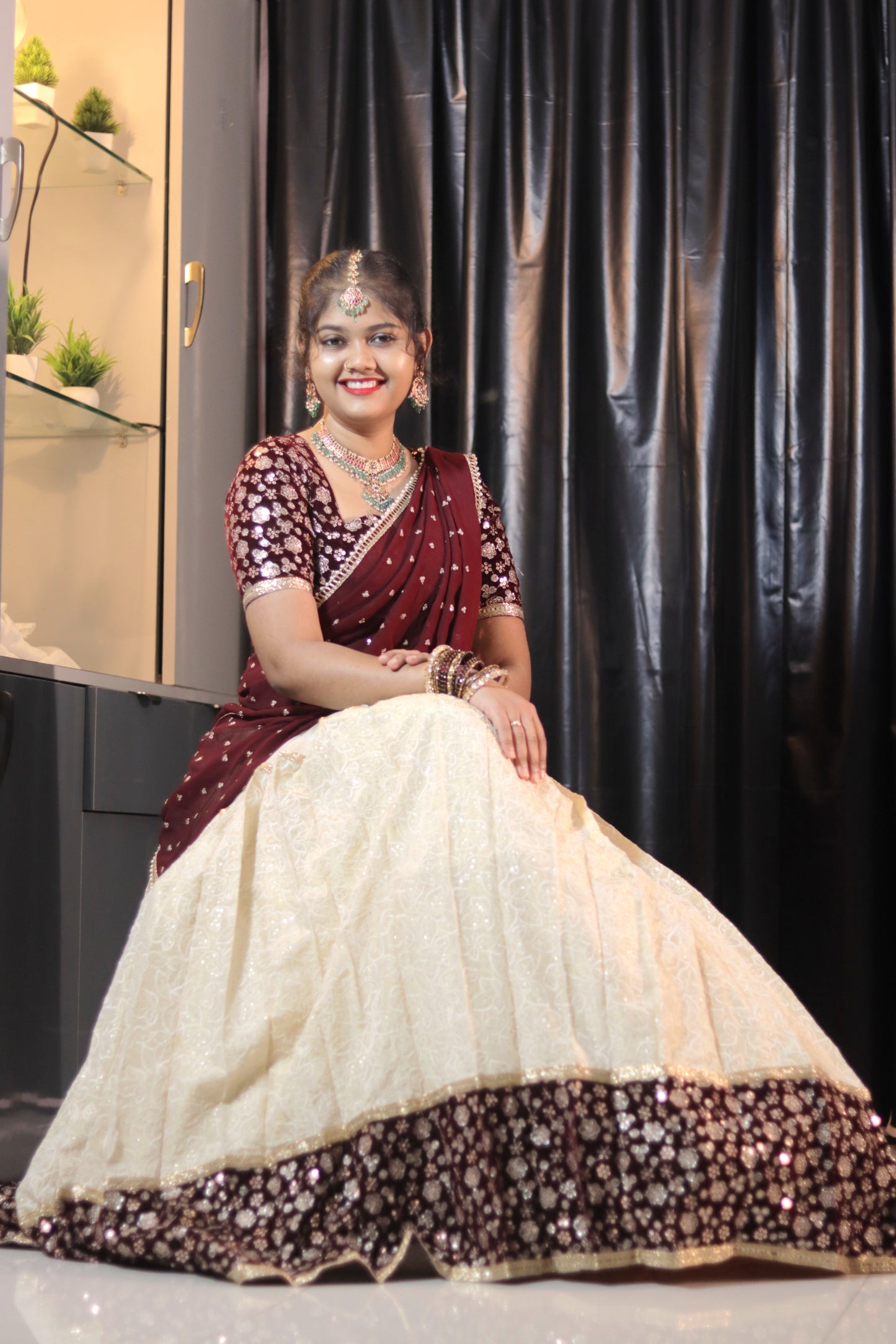 Cream & Meroon Half Saree with Velvet Blouse, Chikankari Work Skirt & Georgette Dupatta – Custom Made