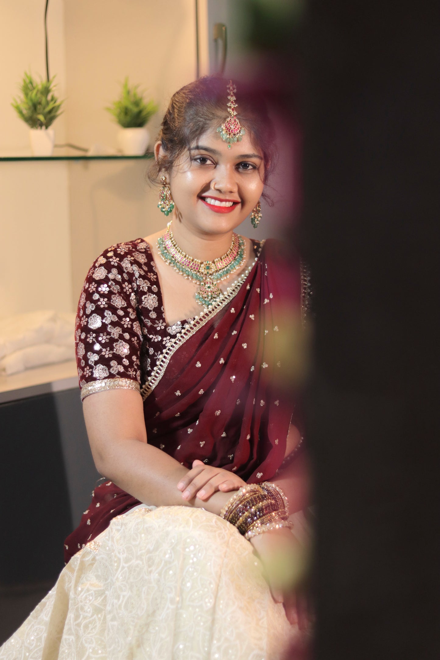 Cream & Meroon Half Saree with Velvet Blouse, Chikankari Work Skirt & Georgette Dupatta – Custom Made