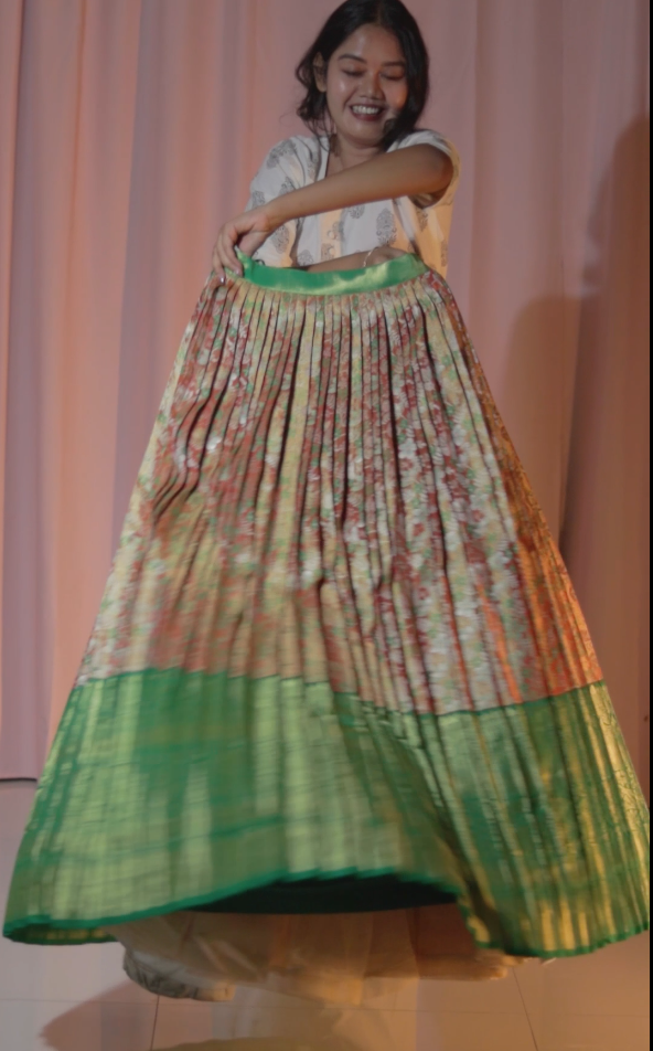 Green Kanchipattu Half Saree Set with Maggam Work Blouse