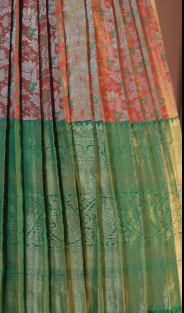Green Kanchipattu Half Saree Set with Maggam Work Blouse
