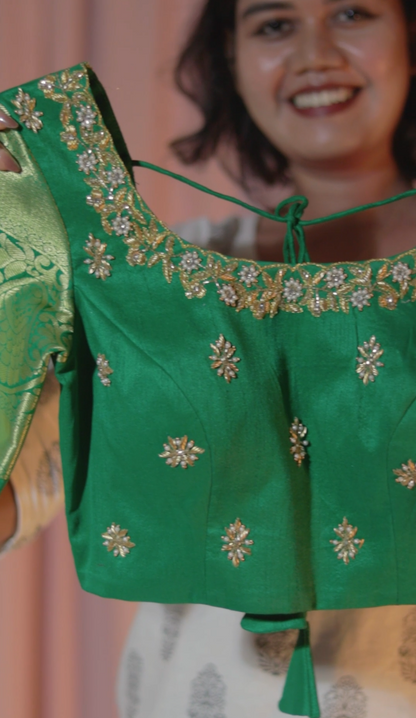 Green Kanchipattu Half Saree Set with Maggam Work Blouse