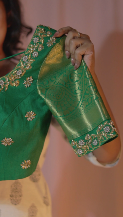 Green Kanchipattu Half Saree Set with Maggam Work Blouse