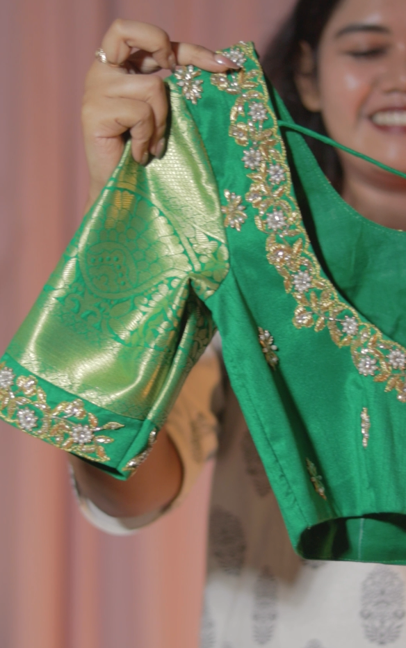 Green Kanchipattu Half Saree Set with Maggam Work Blouse