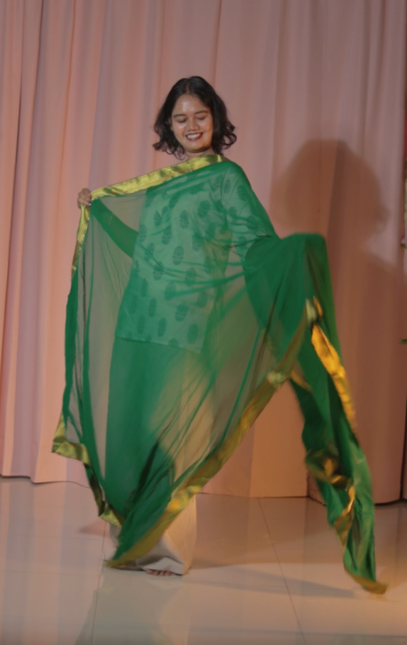 Green Kanchipattu Half Saree Set with Maggam Work Blouse