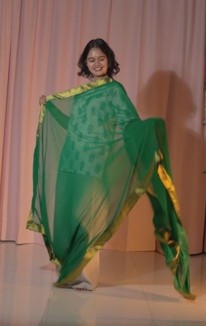 Green Kanchipattu Half Saree Set with Maggam Work Blouse