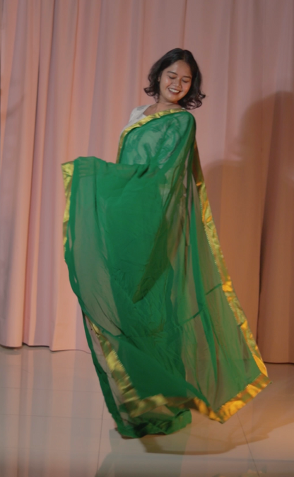 Green Kanchipattu Half Saree Set with Maggam Work Blouse