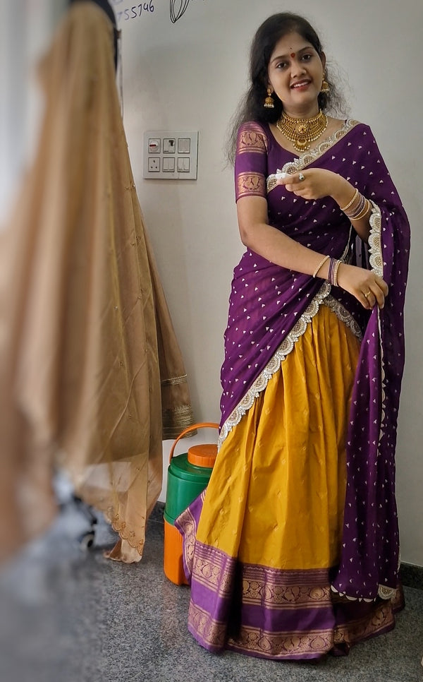 Gadwall Pattu Sea Yellow Skirt with Magenta Blouse & Dupatta â€“ Traditional Silk Ensemble