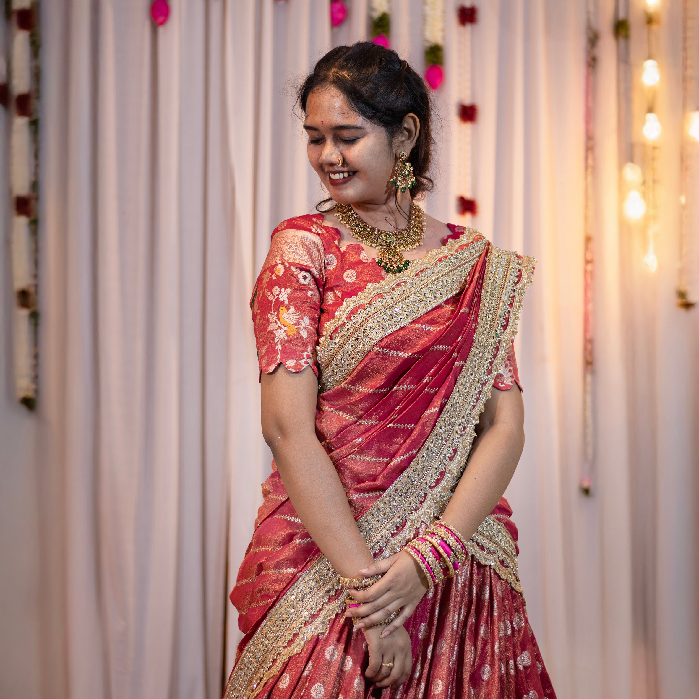Regal Pink Pythoni Half Saree – Fully Customised with Blouse & Dupat ...