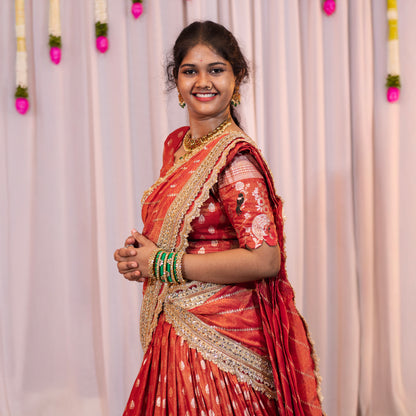 Regal Orange Pythoni Half Saree – Fully Customised with Blouse & Dupatta | Made-to-Order