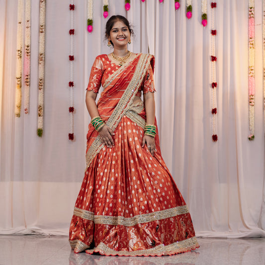 Regal Orange Pythoni Half Saree – Fully Customised with Blouse & Dupatta | Made-to-Order
