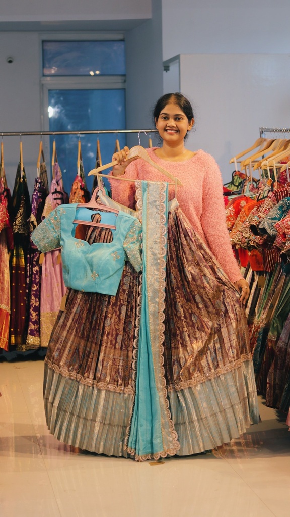 Copper & Powder Blue Kanchi Pattu Half Saree - DP478