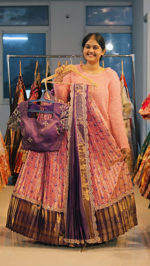 Peach Pink & Violet Kanchi Pattu Half Saree - DP479