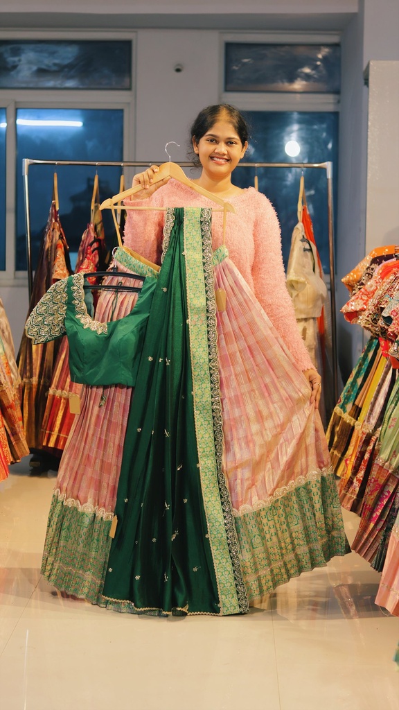 Peach & Emerald Green Kanchi Pattu Half Saree - DP483