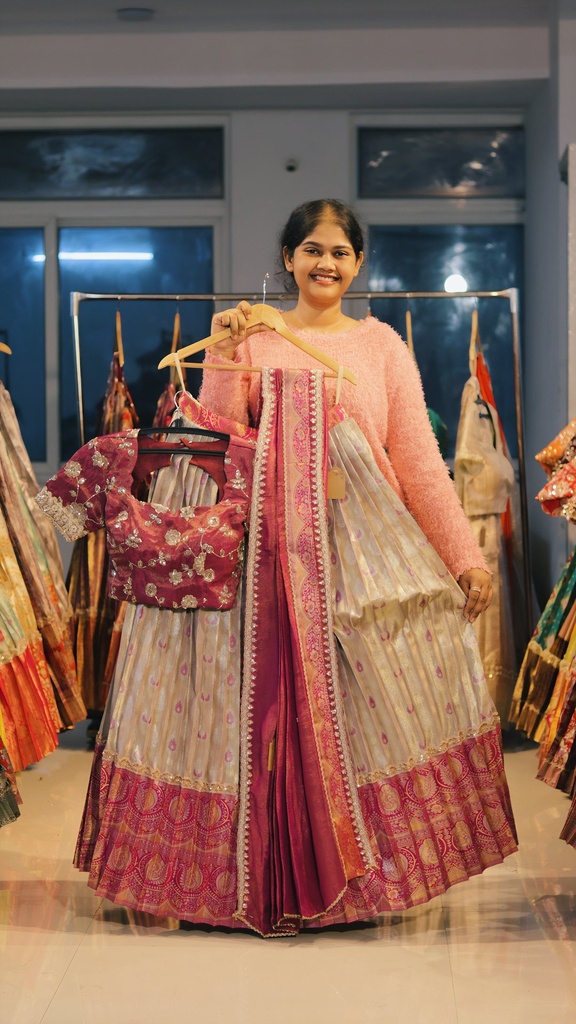 Silver Cream & Wine Kanchi Pattu Half Saree - DP484