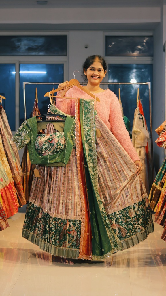 Beige & Forest Green Kanchi Pattu Half Saree - DP485