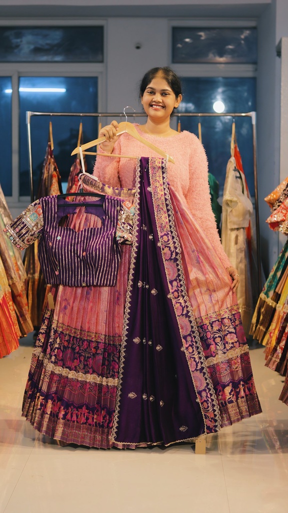 Pastel Pink & Indigo Purple Kanchi Pattu Half Saree - DP490