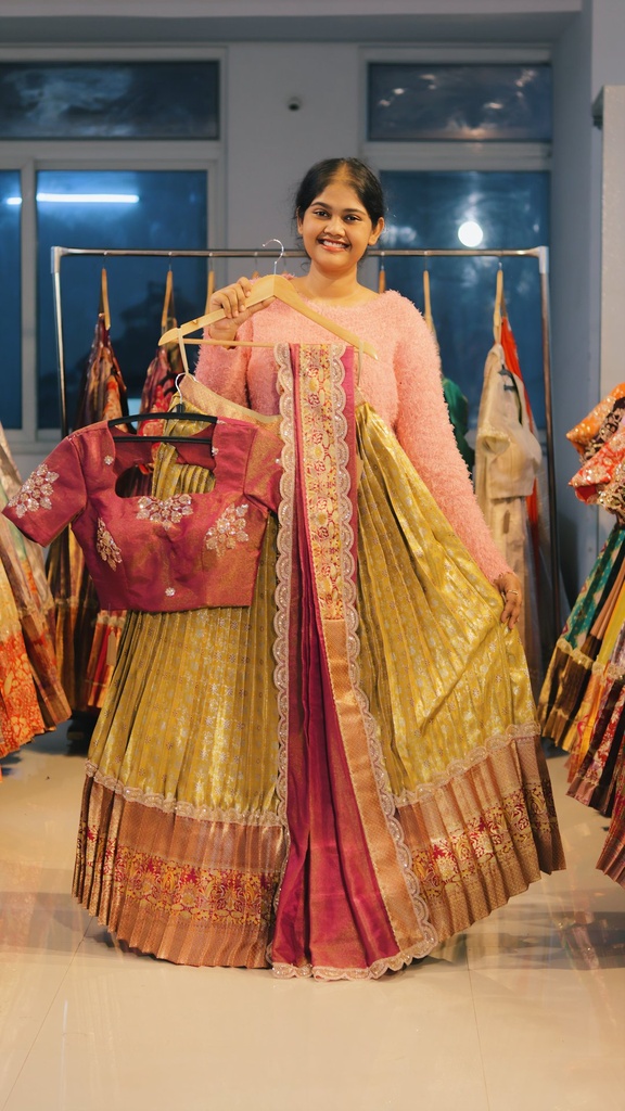 Mustard Gold & Mauve Pink Kanchi Pattu Half Saree - DP495