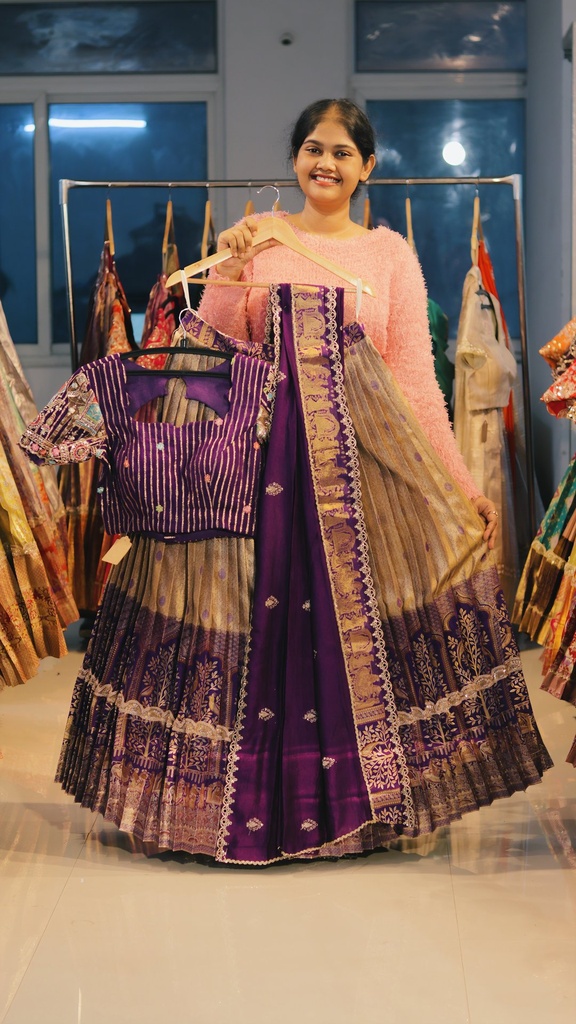 Beige Grey & Deep Purple Kanchi Pattu Half Saree - DP496