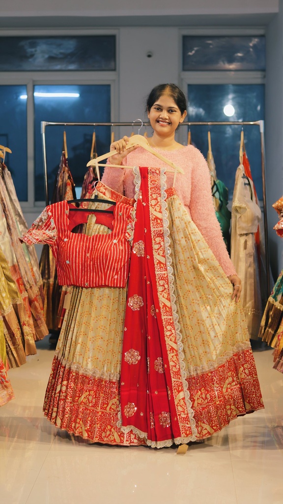 Cream & Crimson Red Kanchi Pattu Half Saree - DP497