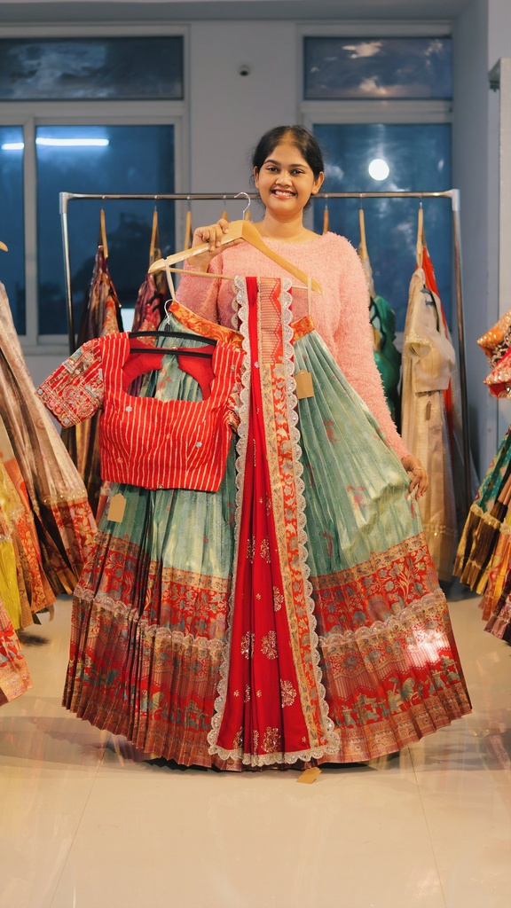 Aqua Green & Red Kanchi Pattu Half Saree - DP501