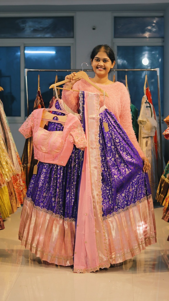 Royal Violet & Baby Pink Kanchi Pattu Half Saree - DP503