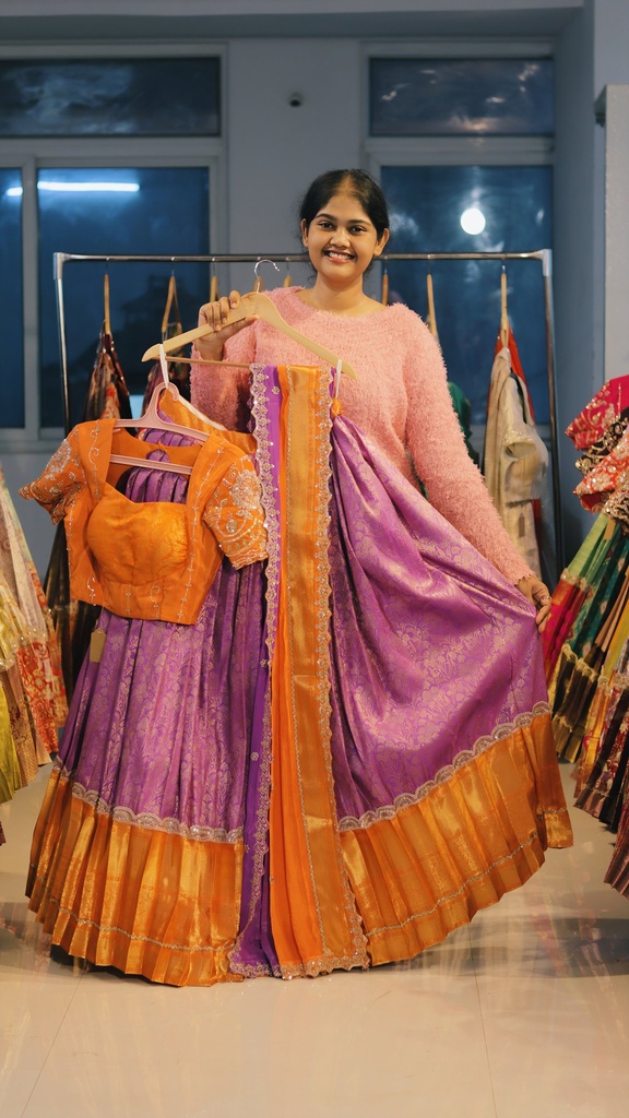 Lilac & Mango Orange Kanchi Pattu Half Saree - DP505