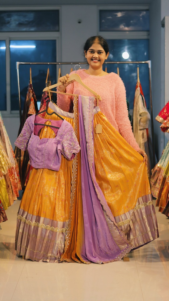 Mustard Gold & Lavender Kanchi Pattu Half Saree - DP509