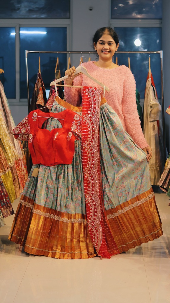 Sky Blue & Copper Red Kanchi Pattu Half Saree - DP513