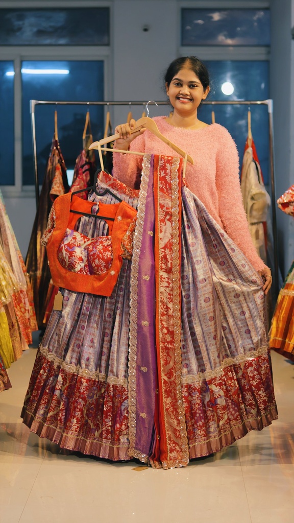 Lavender Grey & Sunset Orange Kanchi Pattu Half Saree - DP514