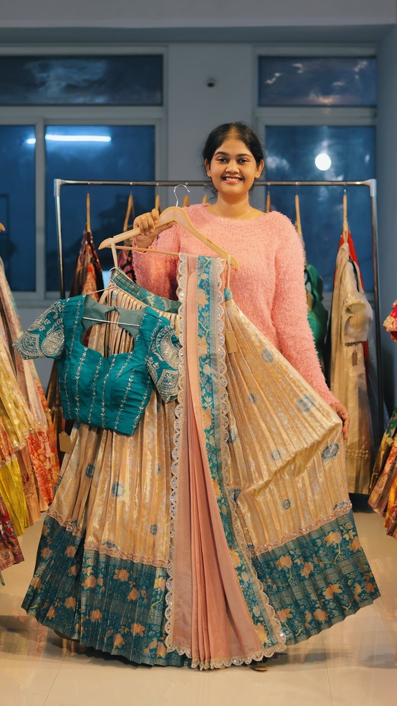 Cream Gold & Peacock Teal Kanchi Pattu Half Saree - DP520