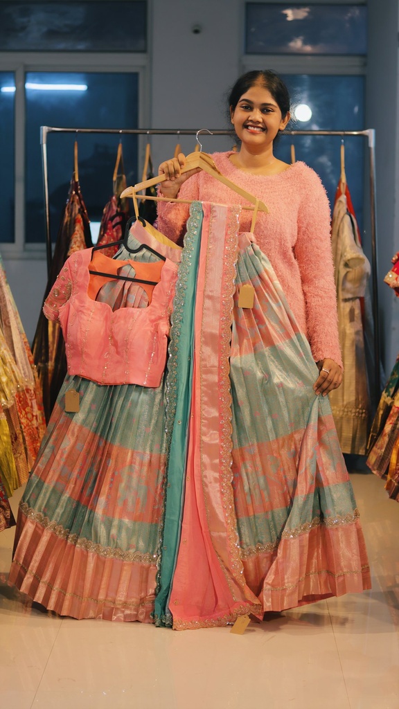 Teal Grey & Peach Pink Kanchi Pattu Half Saree - DP525