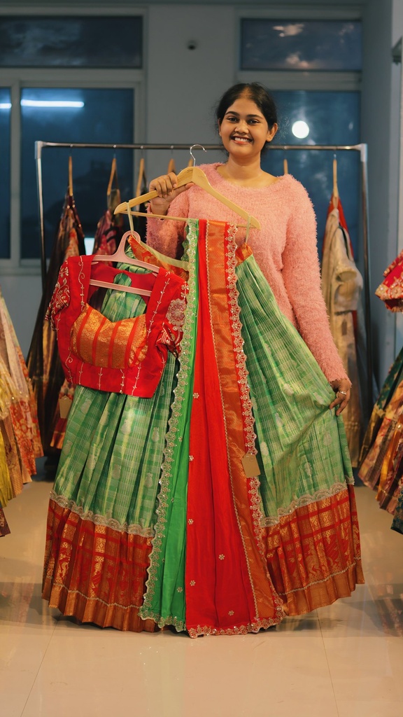 Parrot Green & Sunset Orange Kanchi Pattu Half Saree - DP526