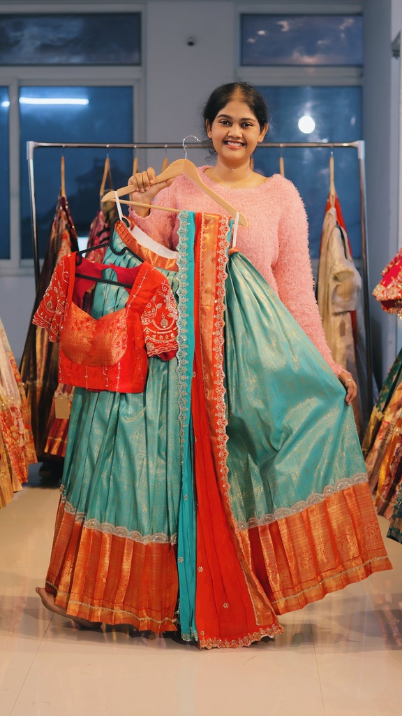 Turquoise Blue & Rust Orange Kanchi Pattu Half Saree - DP528
