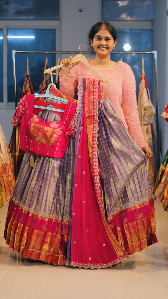 Lavender & Rani Pink Kanchi Pattu Half Saree - DP529