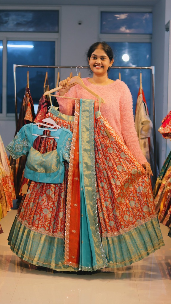 Rust Red & Sky Blue Kanchi Pattu Half Saree - DP535