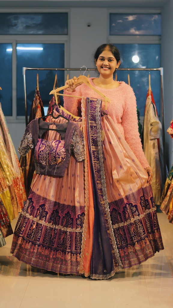 Pastel Pink & Deep Purple Kanchi Pattu Half Saree - DP538