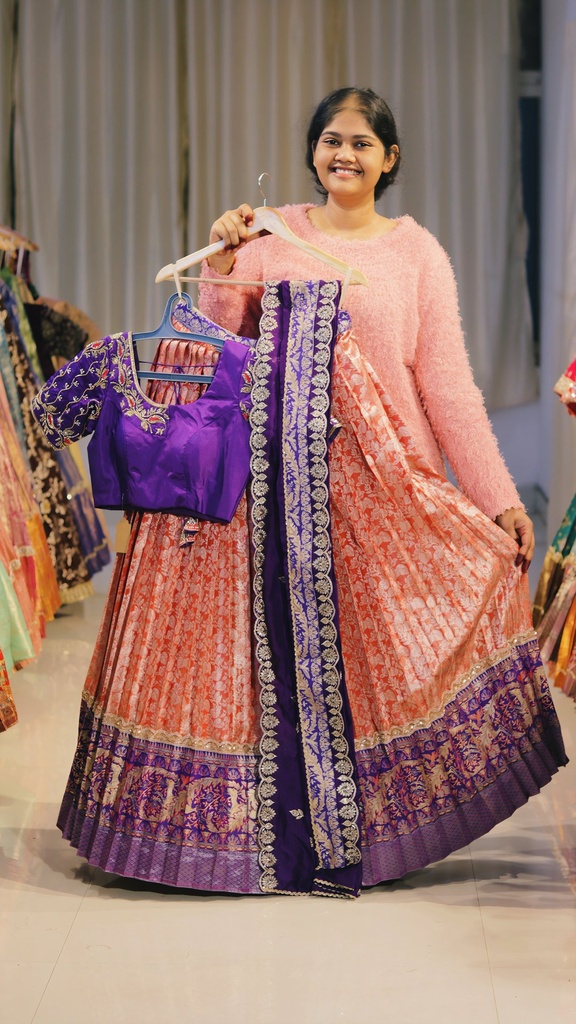 Coral Peach & Royal Purple Kanchi Pattu Half Saree - DP541