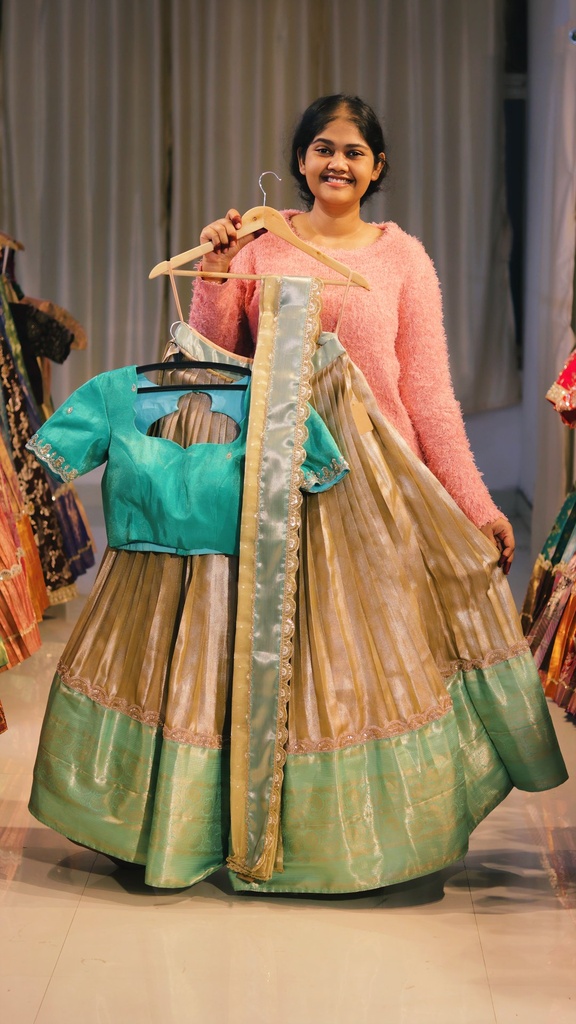 Gold & Sea Green Half Saree - DP543