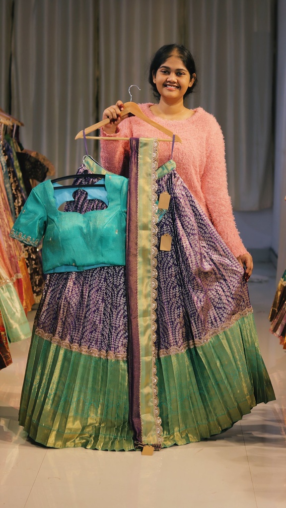 Navy Blue & Aqua Green Half Saree - DP544