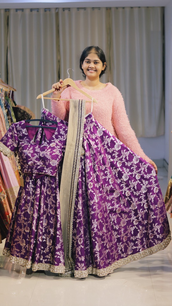 Royal Purple & Silver Brocade Half Saree - DP547