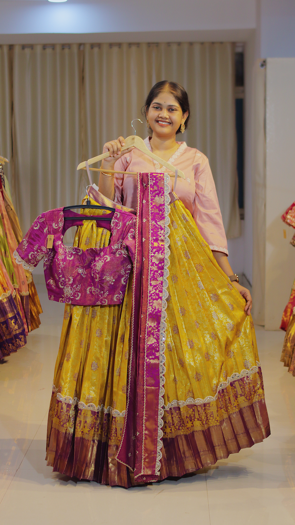 Coral Terracotta with Antique Copper Border Ready-to-Wear Half Saree - DP568