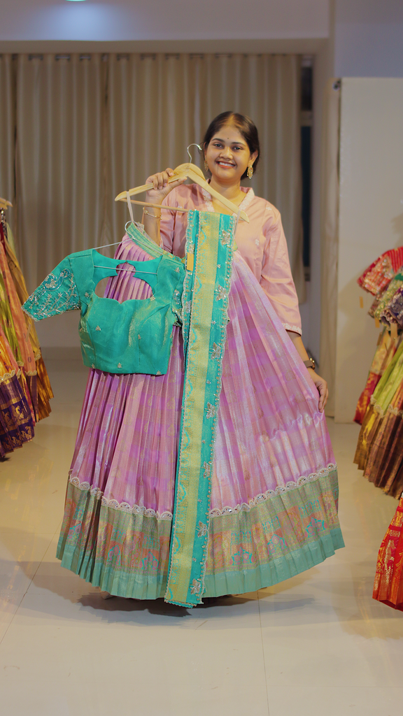 Lavender Lilac & Lime Green Ready-to-Wear Half Saree - DP570