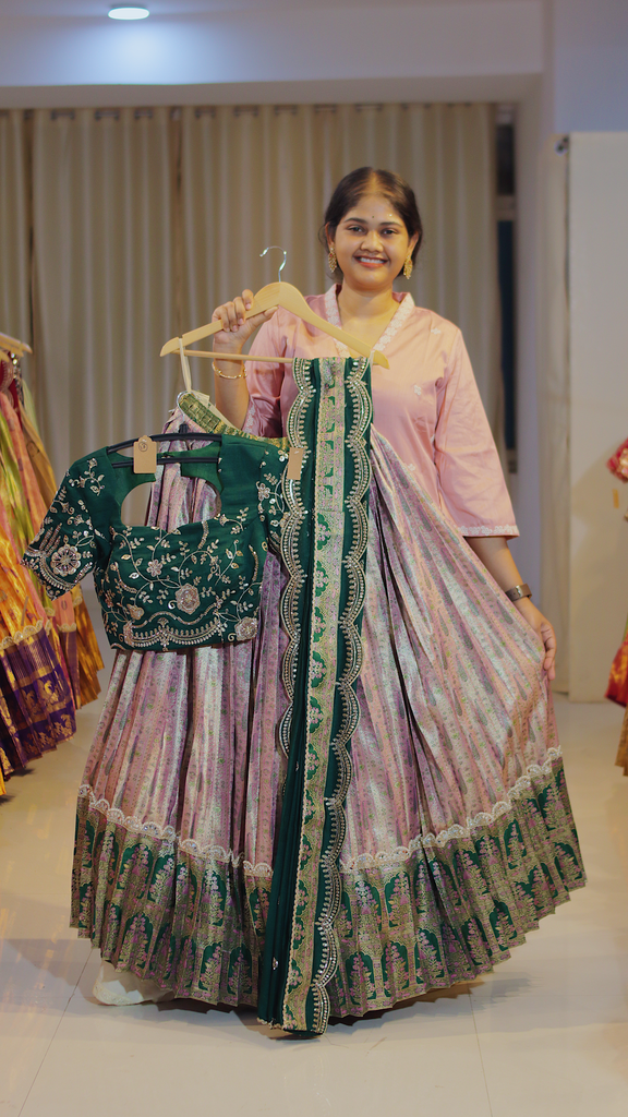 Olive Green & Sage Green Ready-to-Wear Half Saree - DP572