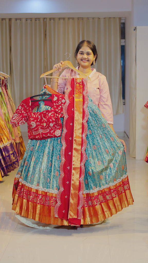 Lavender Lilac & Coral Terracotta Ready-to-Wear Half Saree - DP586
