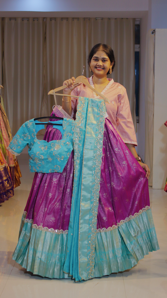 Orchid Purple & Lime Green Ready-to-Wear Half Saree - DP588